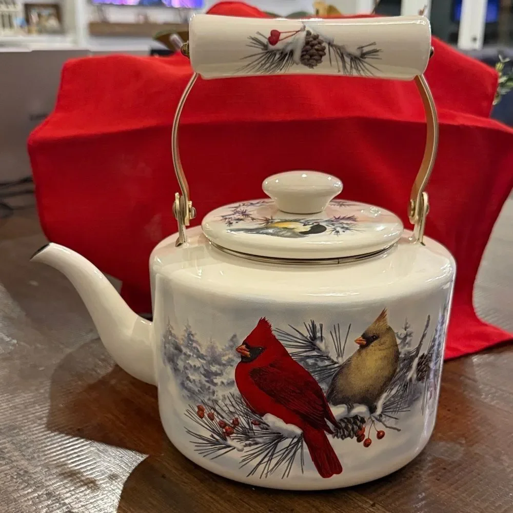 Vintage Lenox winter greetings, enamelware tea pot with a cardinal and chickadee